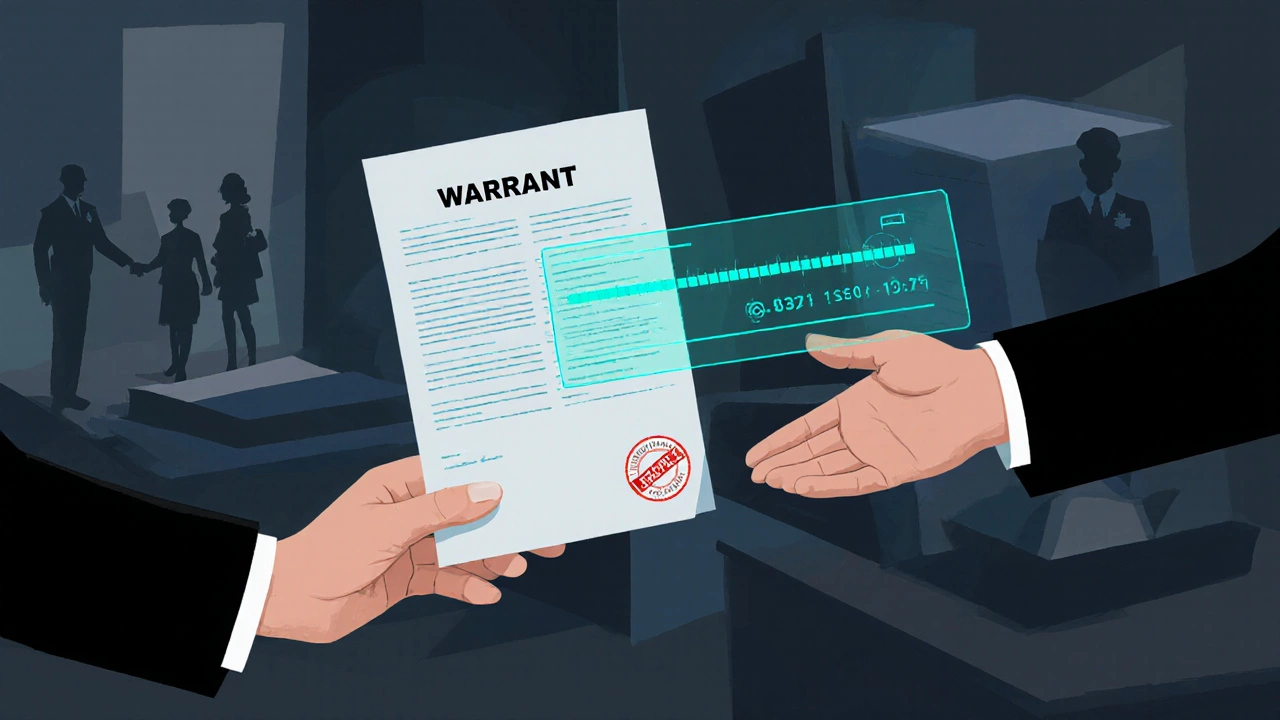 Close‑up of hands exchanging a warrant with a glowing Ring video icon.