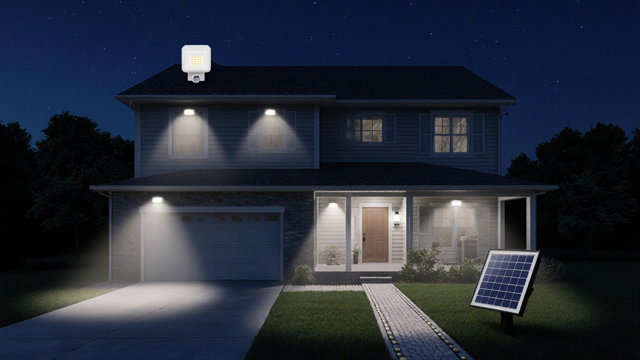 Cutaway view showing motion sensor, timer LED, floodlight, smart hub, and solar sensor on a house.