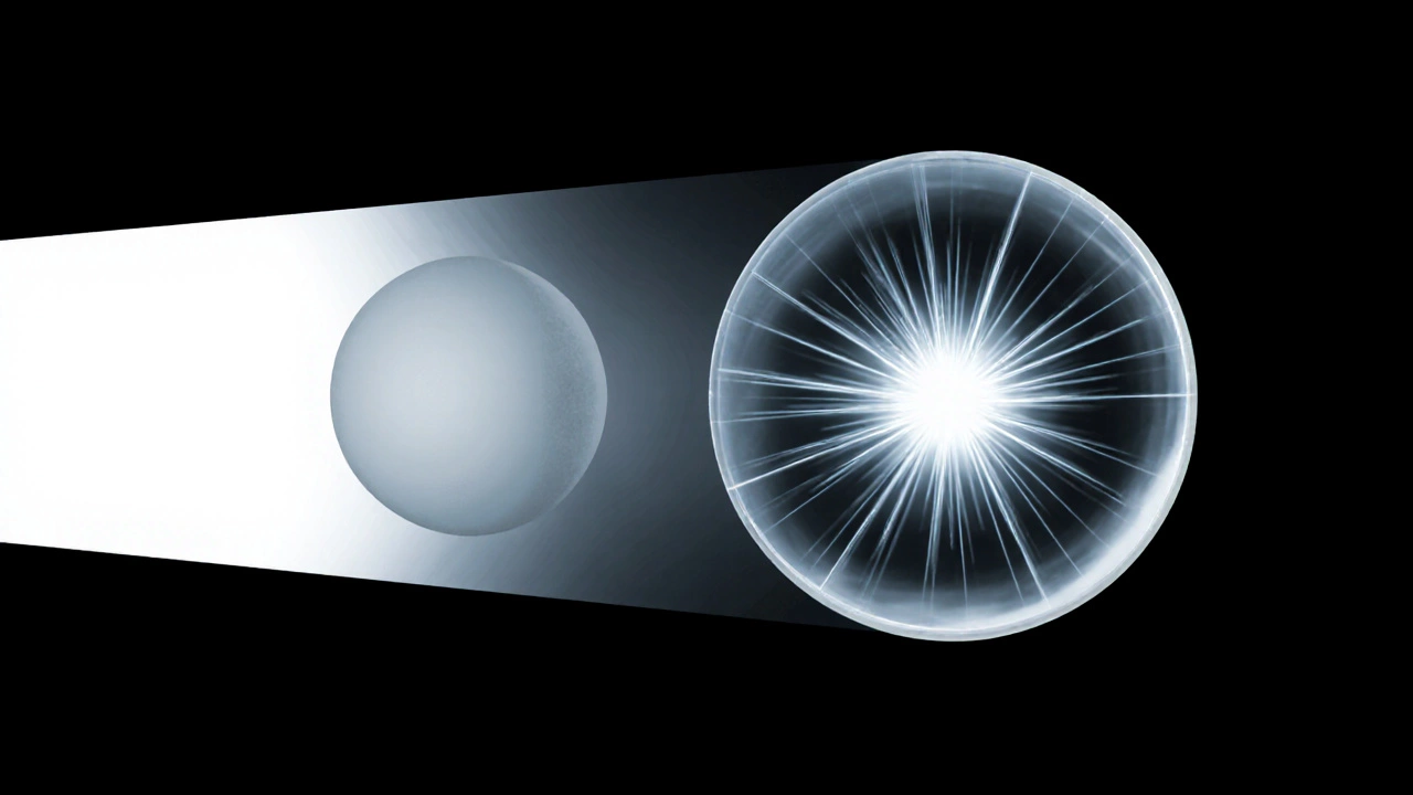Diagram of light rays hitting opaque rubber ball and transparent glass ball, showing umbra and caustics.