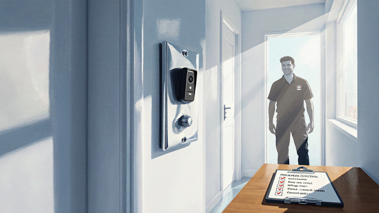 Digital painting of a hallway with a installed doorbell, junction box, and a completed safety checklist.