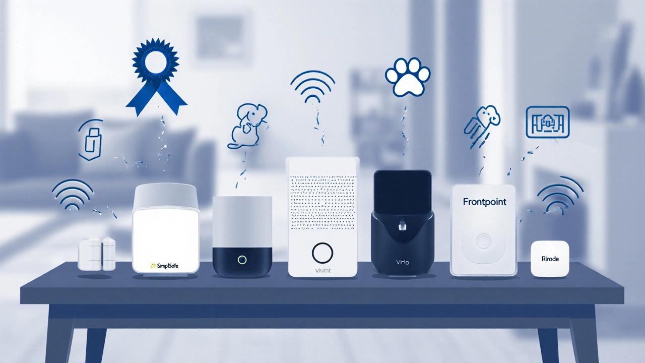 Five security kits displayed on a tabletop with icons for contract‑free, pet‑friendly, and smart integration.