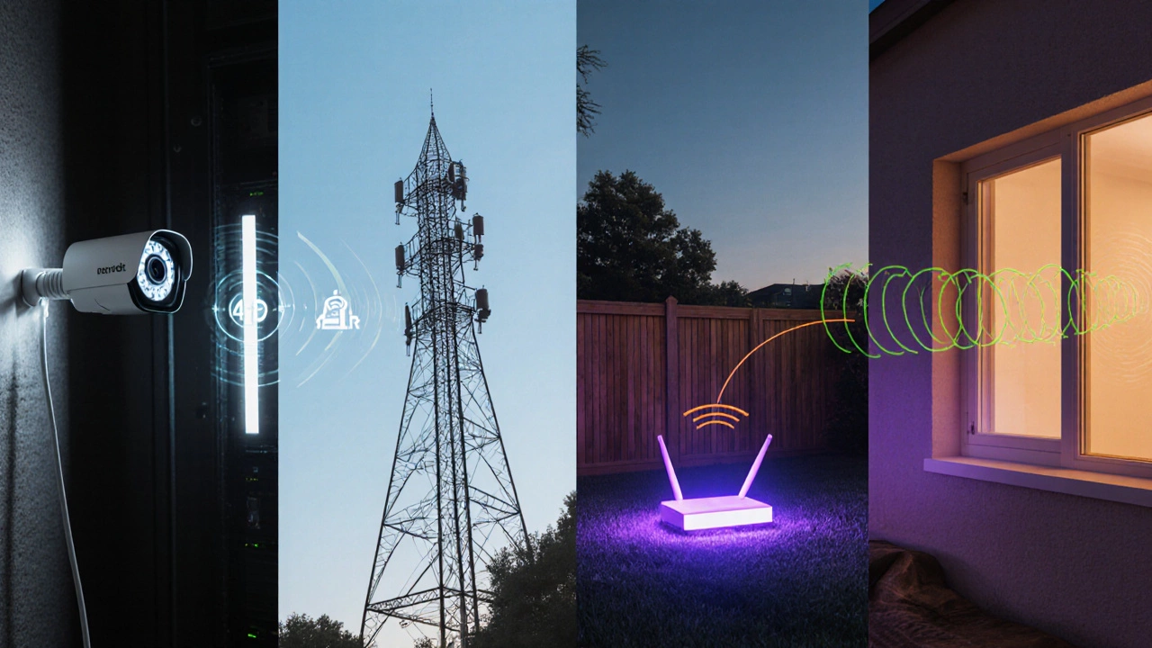 Four scenes showing CCTV cameras using Ethernet/PoE, cellular, proprietary RF, and Wi‑Fi connections.