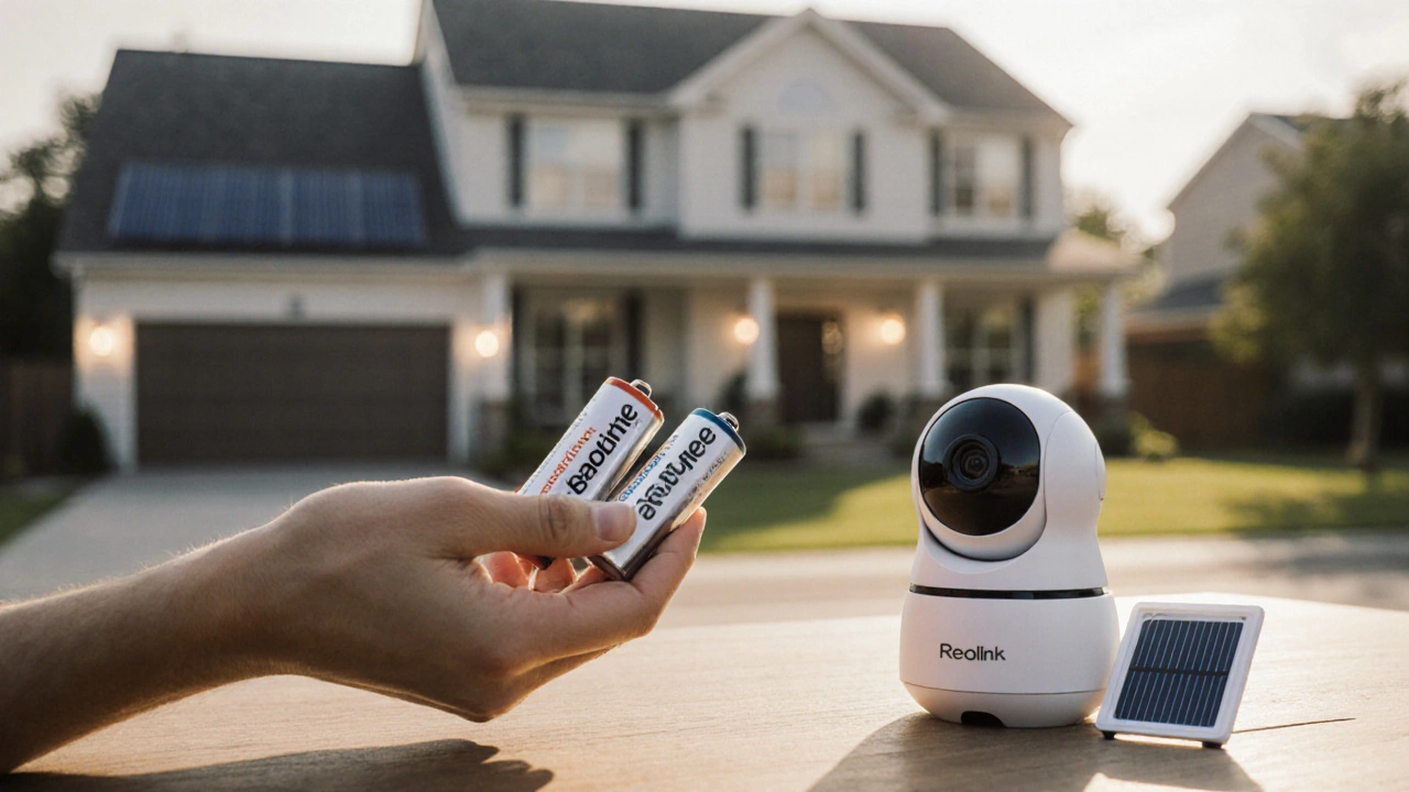 Fresh and depleted battery packs beside a solar-powered security camera on a wooden table with daylight.