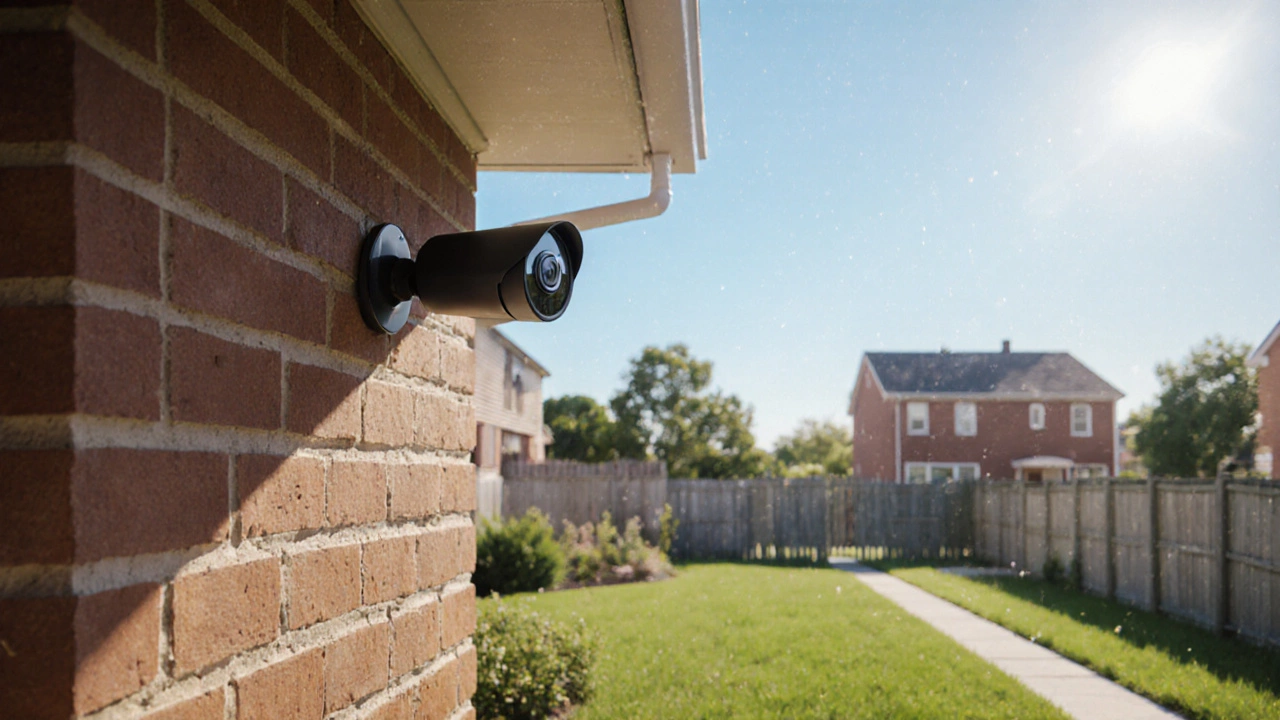 Front‑yard security camera on house eave aimed at own property line, not into neighbor’s yard.