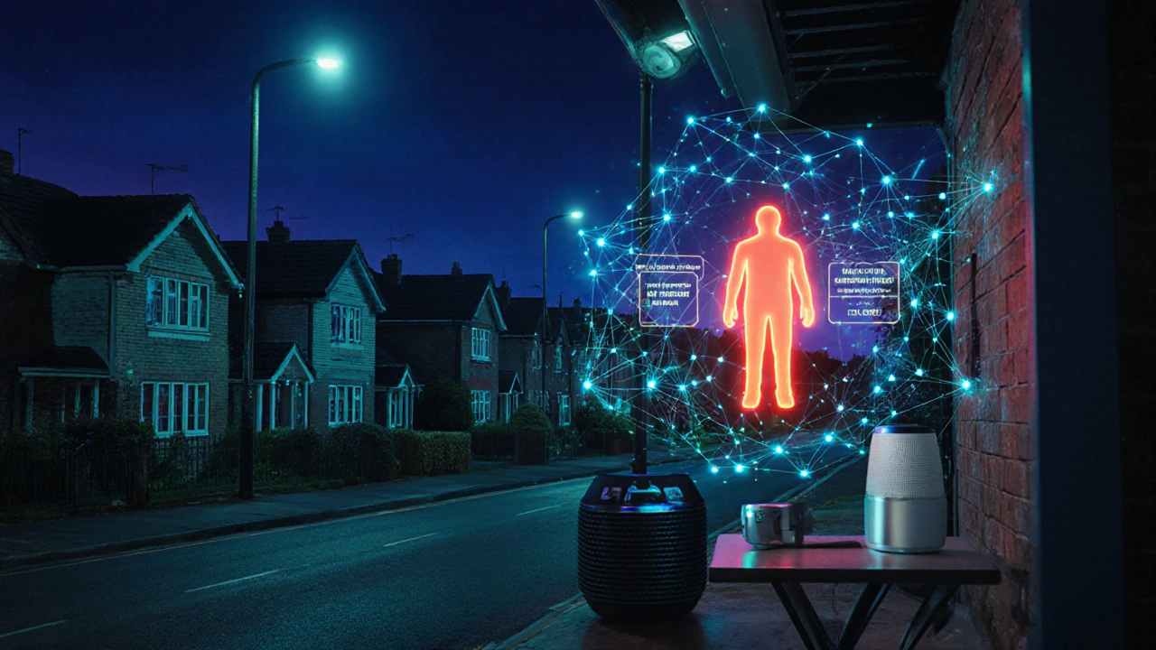 Futuristic night scene with AI cameras, mesh network links, and smart speaker alerts.