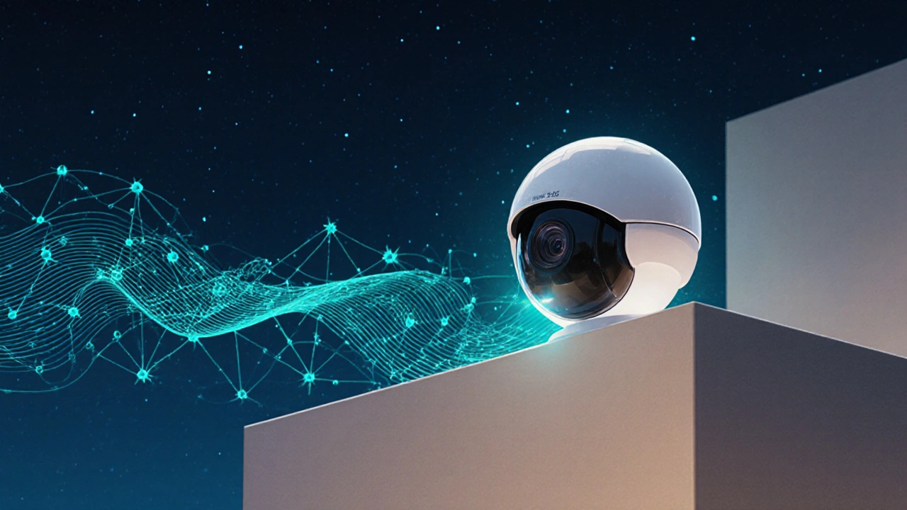 Futuristic solar‑powered AI camera on a balcony with 5G waveforms and neon lighting.