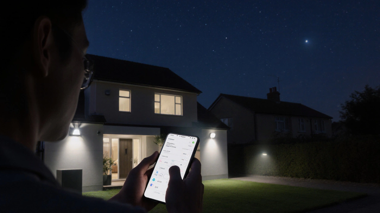 Hand holding a smart device casting light onto a dimly illuminated house at night.