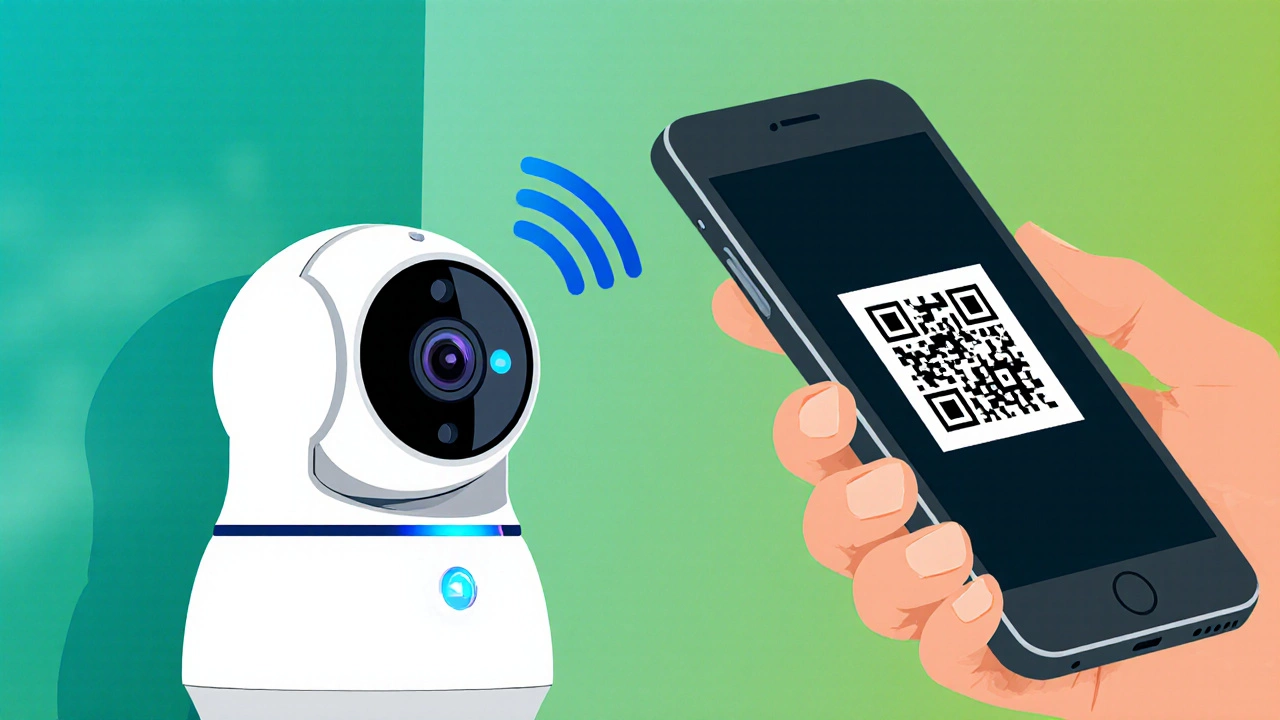 Hand scanning camera QR code with phone, LED glowing and Bluetooth signals shown.