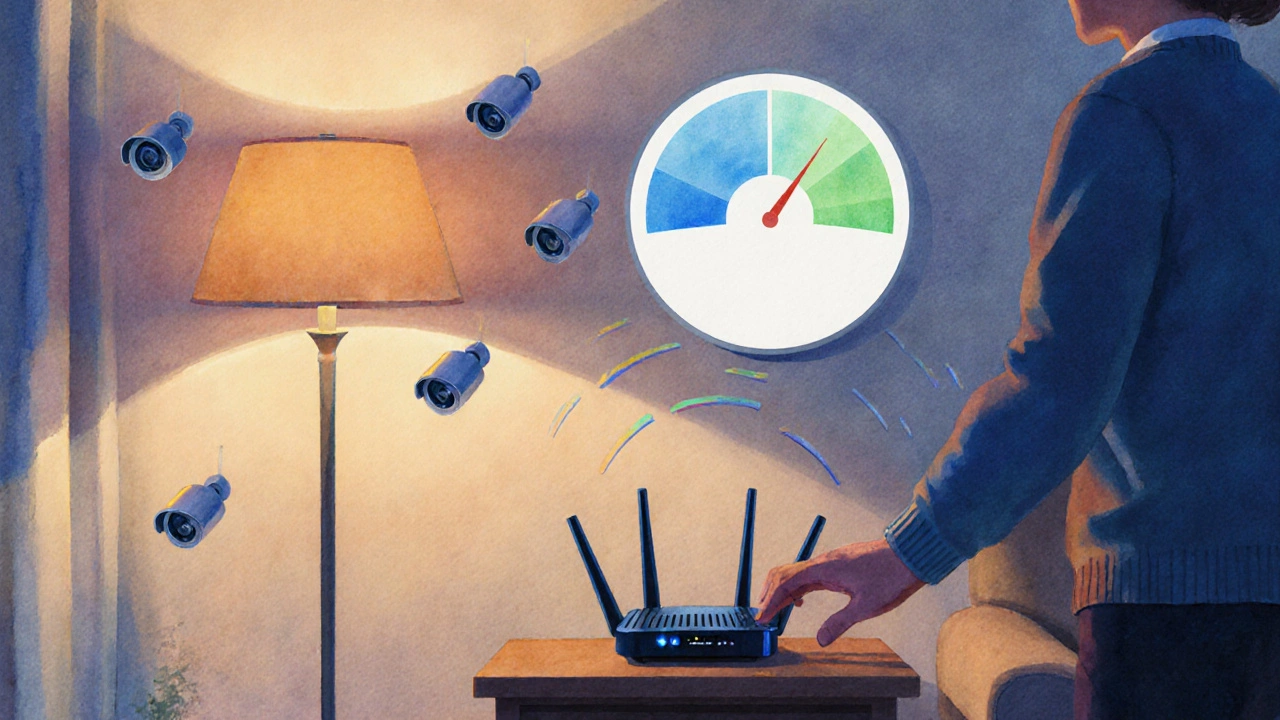 Homeowner reviewing Wi‑Fi 6 router and camera placements with a data‑cap gauge.