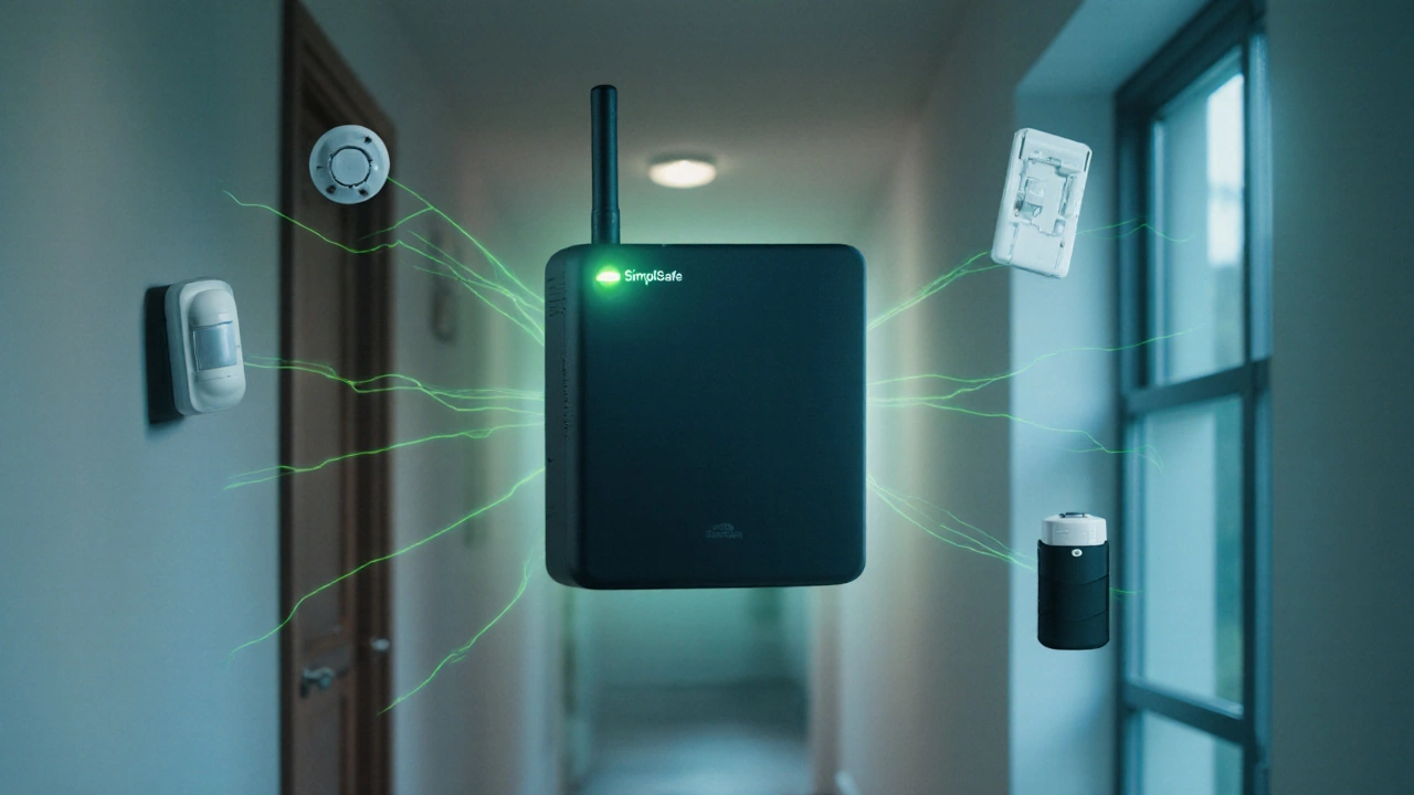 Illustration of a SimpliSafe hub connected wirelessly to battery‑powered sensors.