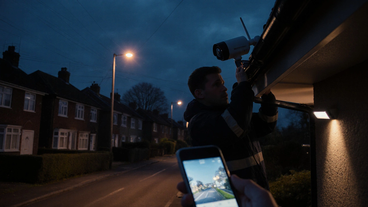 Installer mounting a battery camera on a house at night, phone showing local feed.
