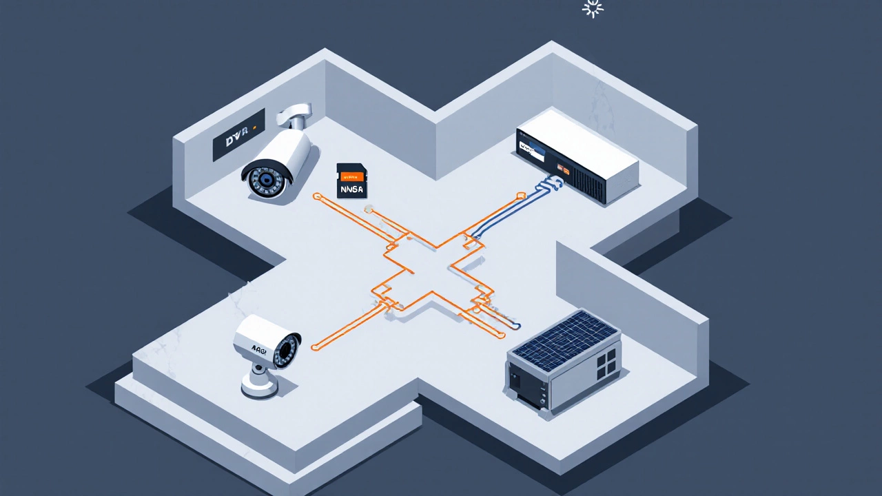 Isometric diagram of analog CCTV, PoE IP, SD‑card, and battery cameras with storage units.