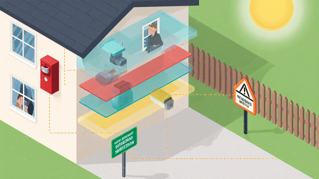 Isometric illustration of a house showing layered security devices and neighbor watch.
