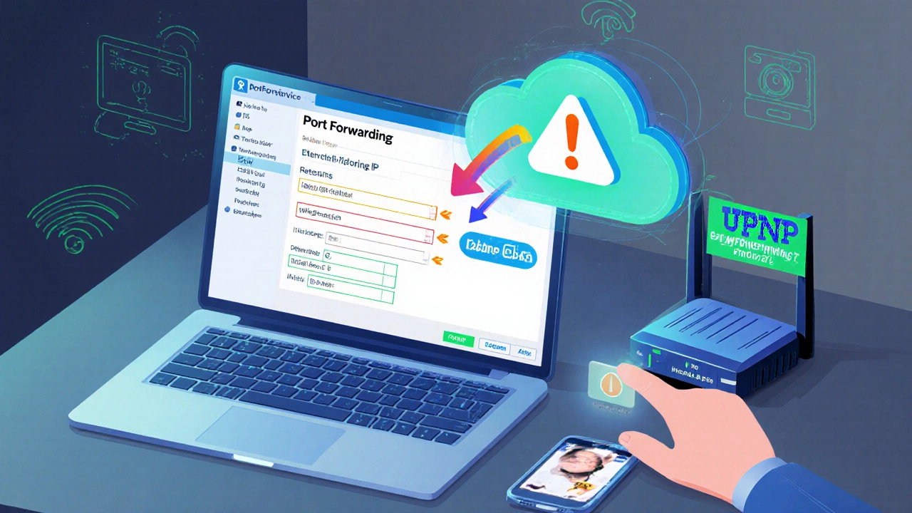 Isometric view of laptop router settings, port forwarding, hand adjusting UPnP, with cloud warning icon.