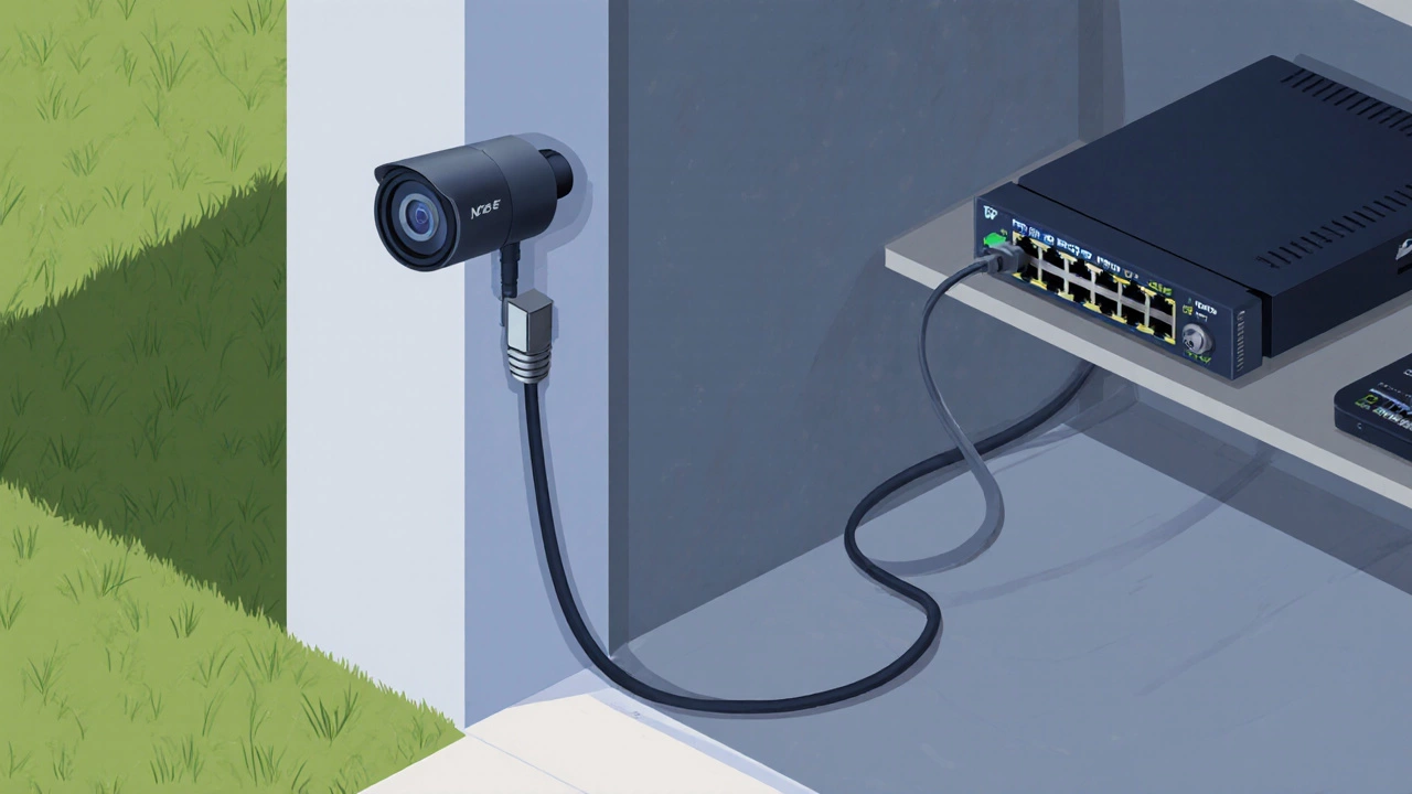 Isometric view of PoE camera connected by Ethernet cable to a switch and NVR in a garage.