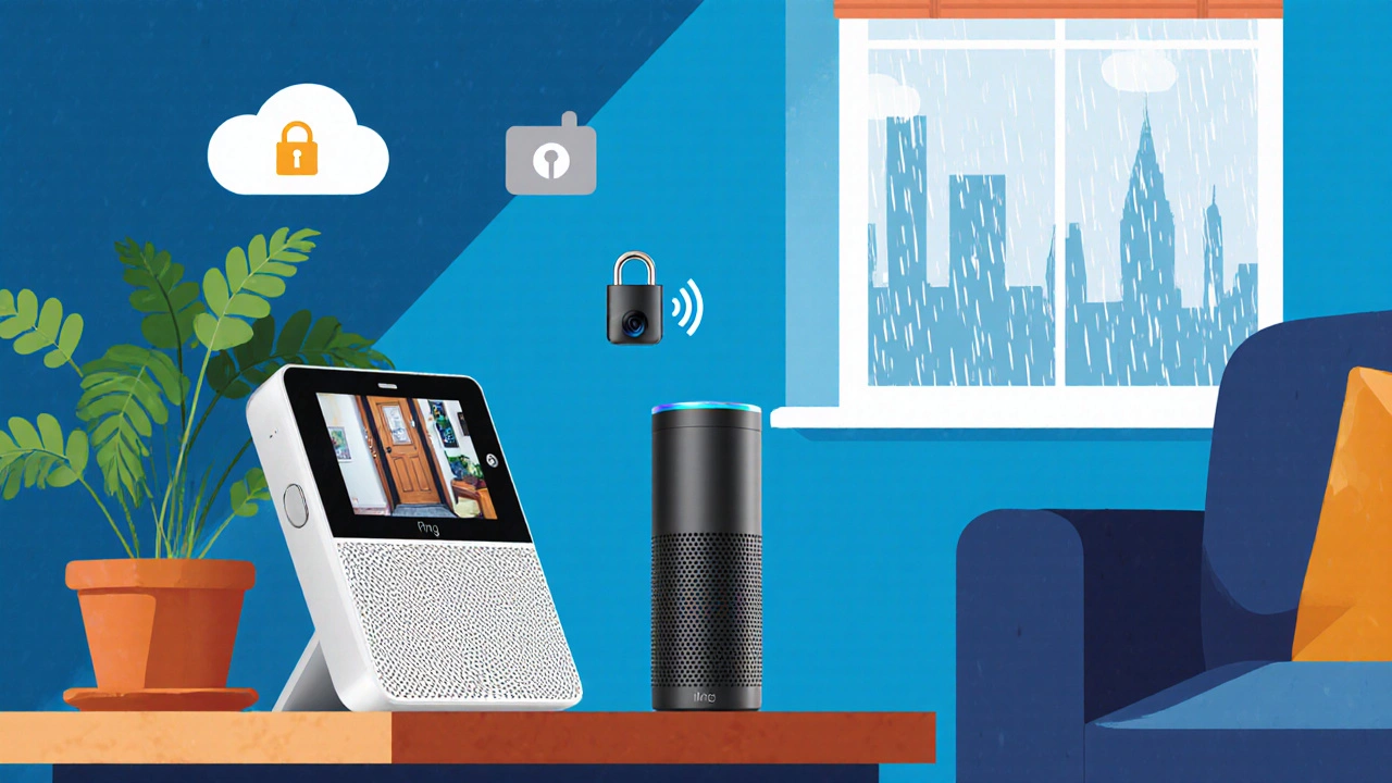 Living room showing Ring doorbell video on an Echo Show with cloud icons.