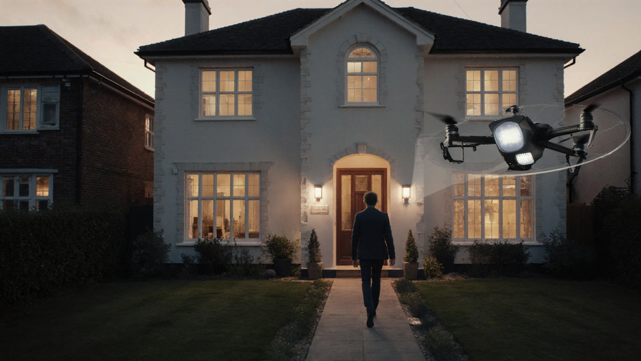 Luxury UK property at sunrise with smart security lights activating, drone view highlighting seamless technology.