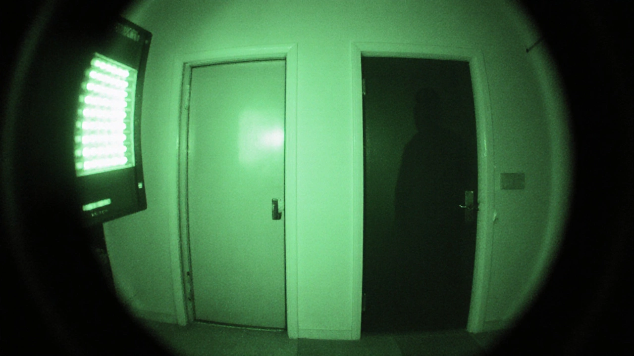 Night‑vision camera view of clear glass door and matte‑film door, highlighting contrast differences.