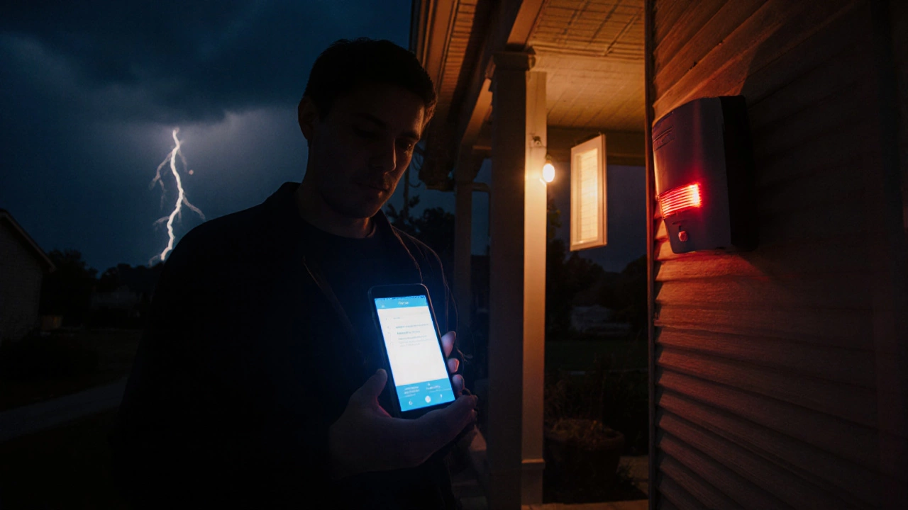 Nighttime house test: homeowner sees a phone alert as the SimpliSafe siren flashes.