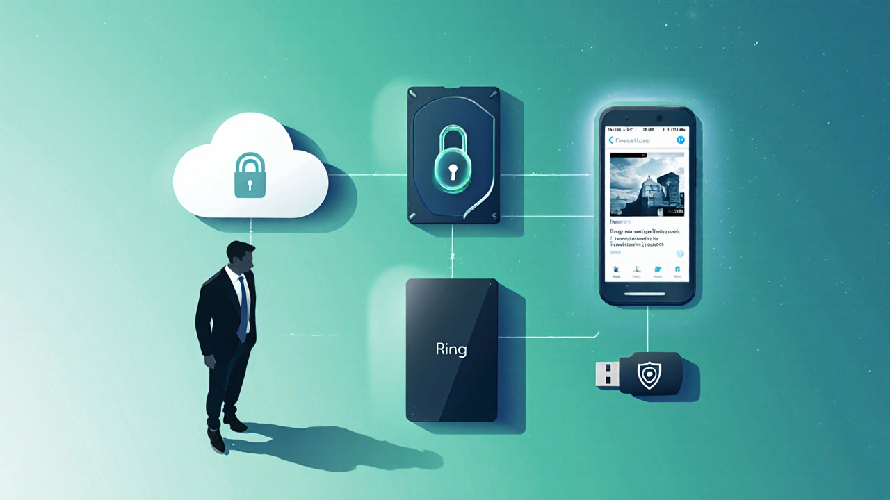 Overhead view of security devices, Ring footage thumbnail, and lawyer silhouette.