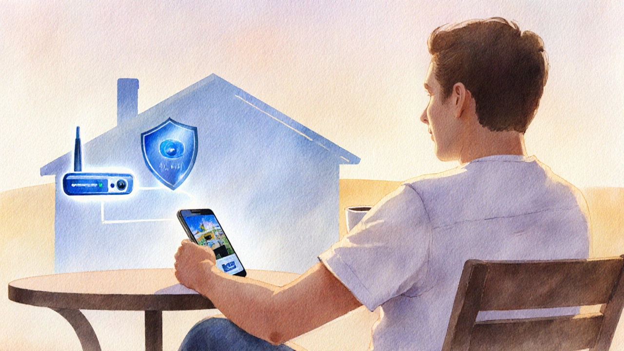 Person at cafe viewing live home camera feed on phone, with subtle VPN tunnel graphic in background.