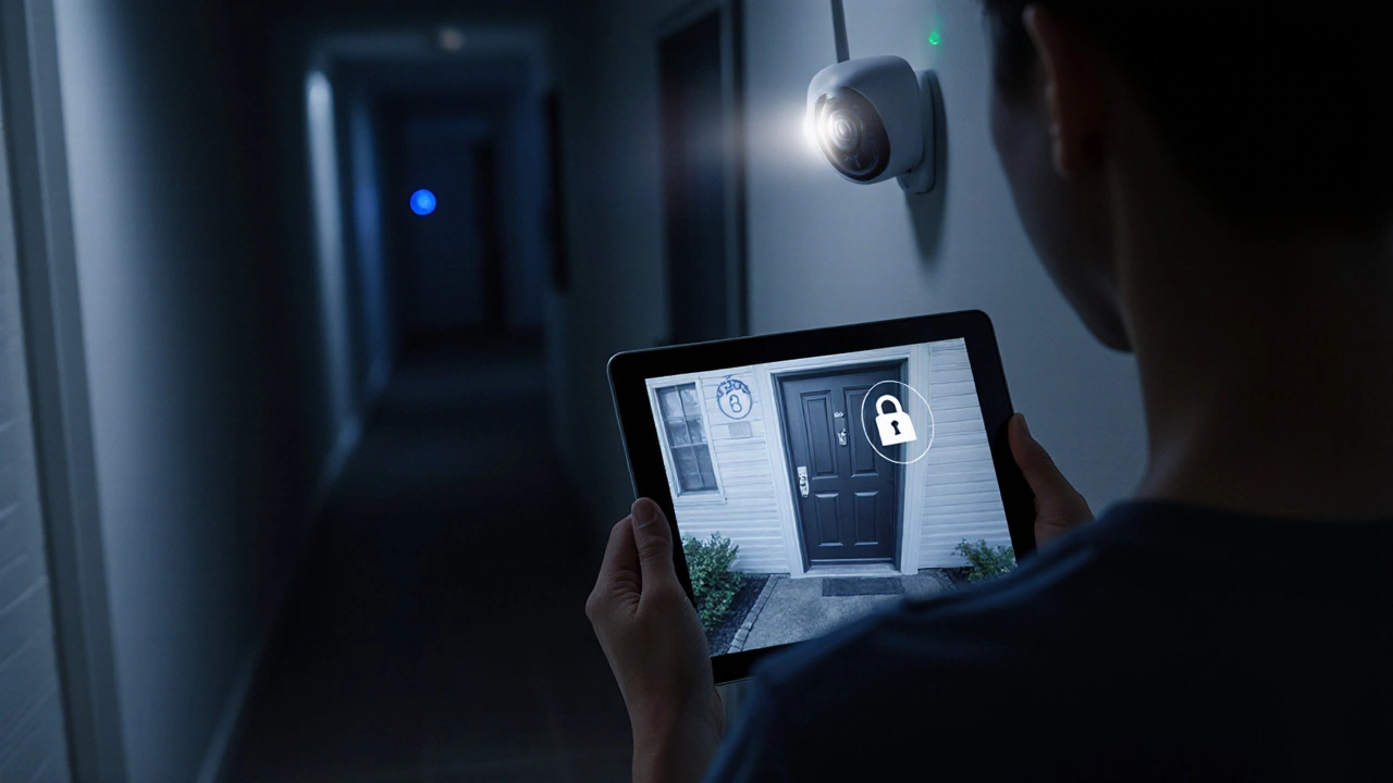 Person checking tablet live feed from a secured outdoor camera in a dim hallway.