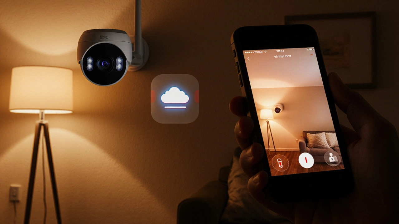 Person viewing live camera feed on phone with cloud and motion alert icons overlay.