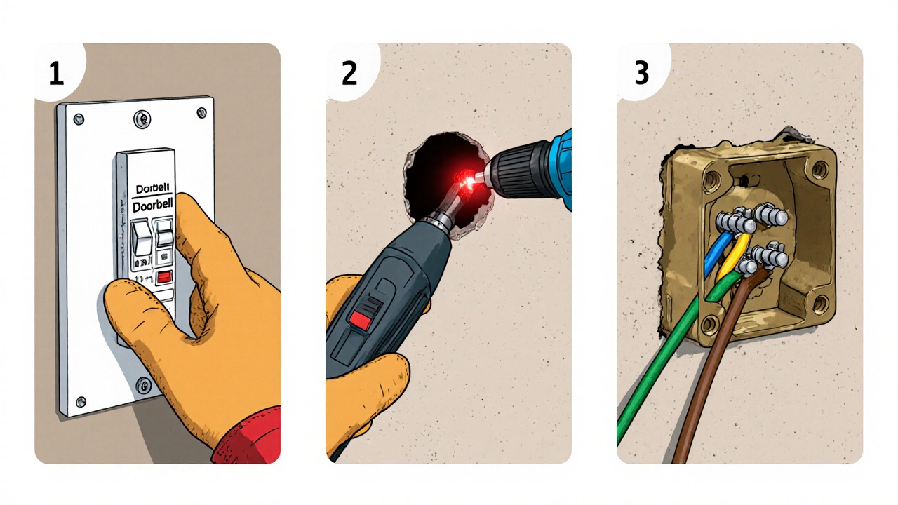 Series of illustrations: turning off breaker, testing voltage, drilling hole, inserting box, connecting wires.