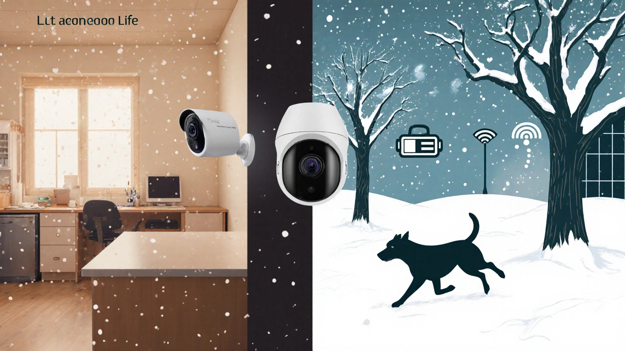 Split image comparing lab-perfect conditions to cold, snowy real-world environment draining a security camera's battery.
