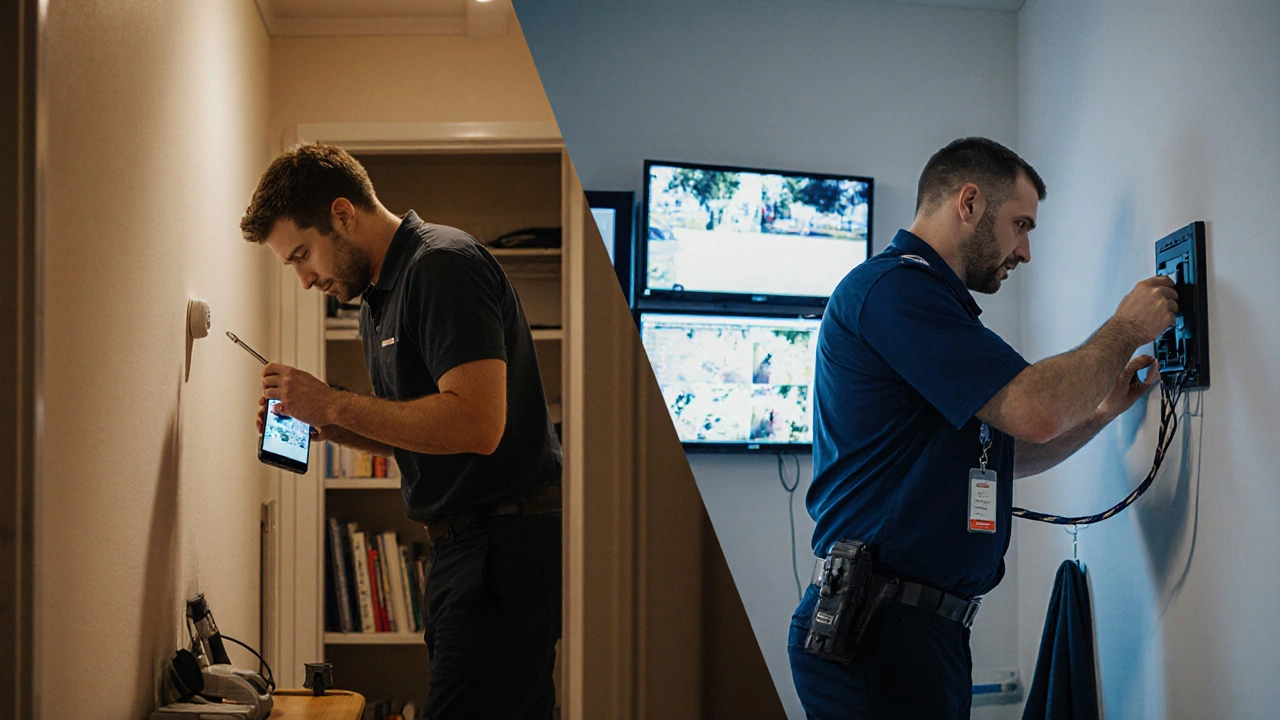 Split scene showing a person installing a sensor at home and a technician setting up professional monitoring.