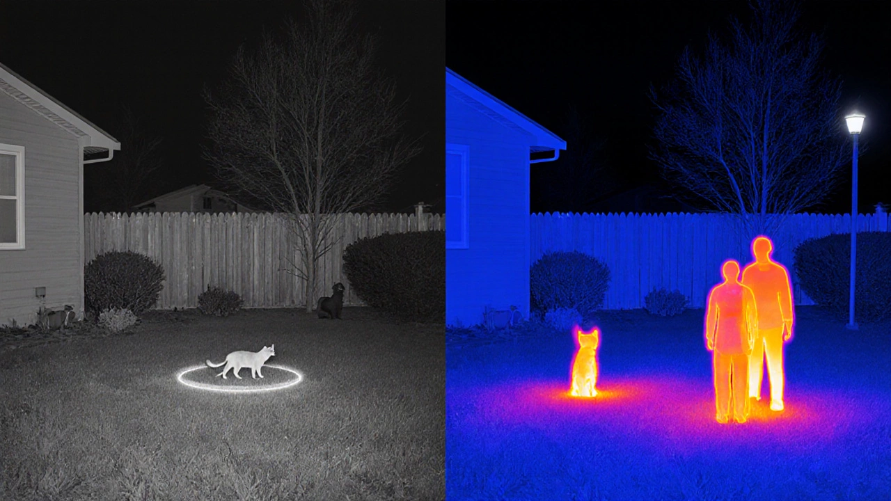 Split view of infrared camera grayscale and thermal heat map of a backyard.
