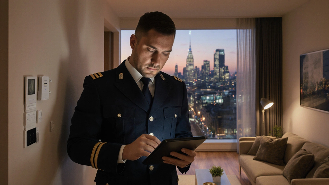 Technician installing a smart home hub in a minimalist London living room, connecting integrated systems.