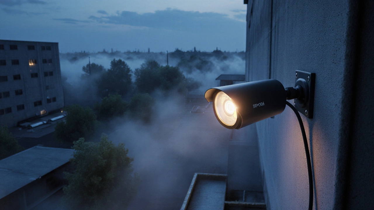 Thermal camera installed on a roof, angled toward a foggy courtyard with PoE cable attached.