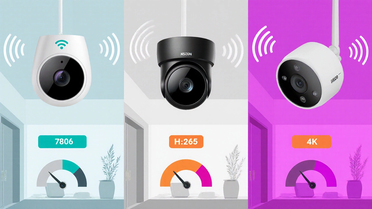 Three camera setups (720p, 1080p, 4K) displayed with visual data‑usage meters.