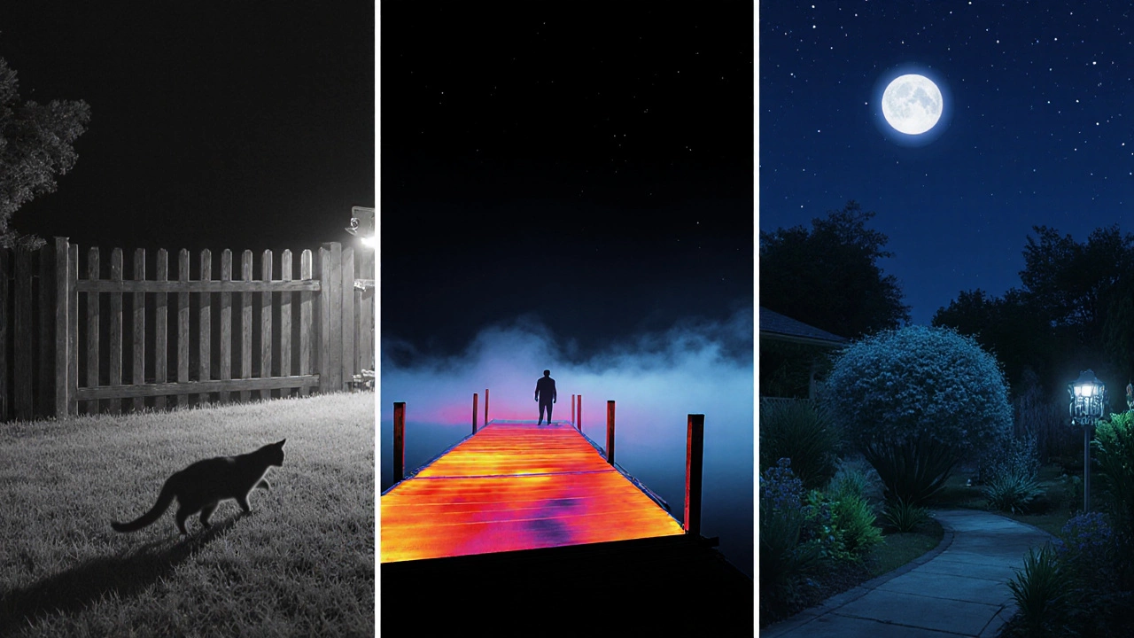 Three panels showing infrared black‑and‑white, thermal heat colors, and starlight full‑color night scenes.