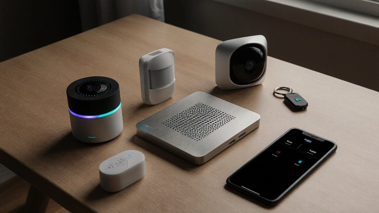 Top‑down view of security gadgets: camera, sensors, control panel, key‑fob, and phone.