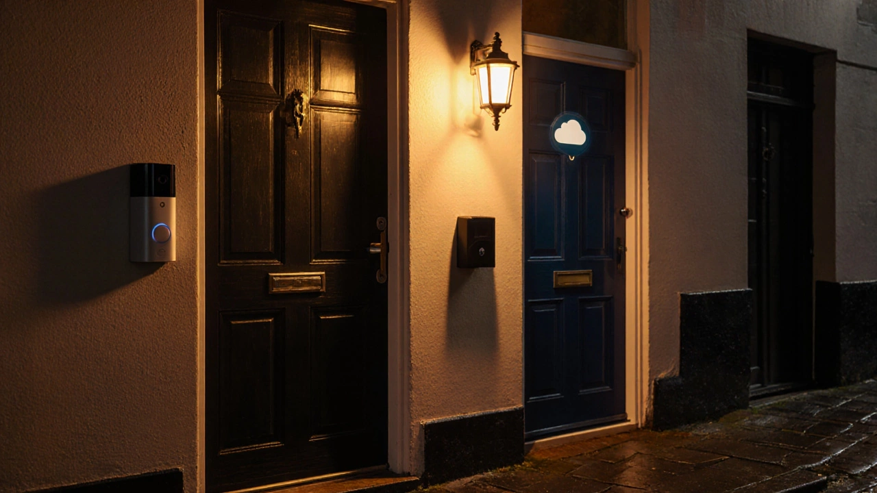 Two UK front doors side by side, one with Ring doorbell, one with Nest doorbell, at golden hour.
