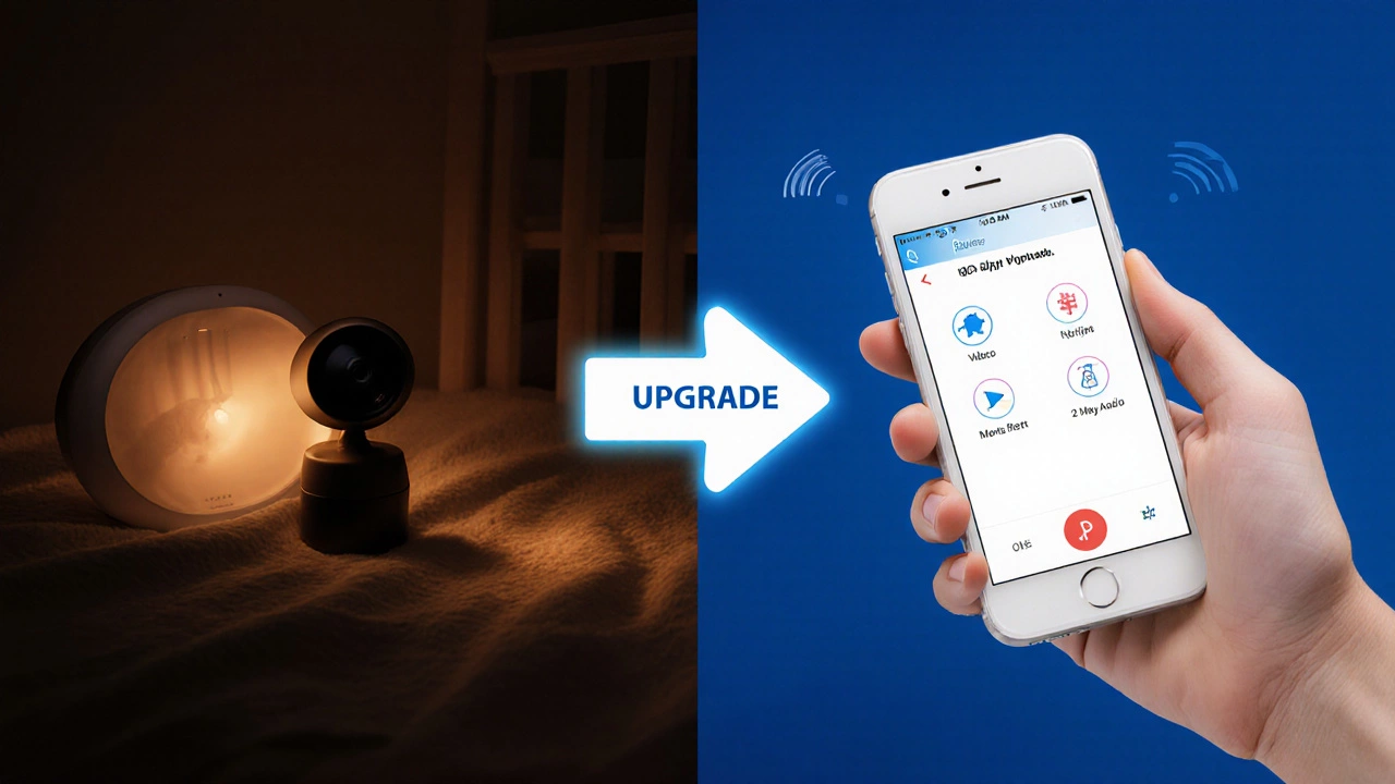 A comparison of an old baby monitor and two smartphones connected via app, symbolizing the upgrade to modern baby monitoring.