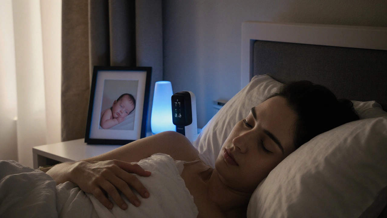 A parent sleeping peacefully beside a non-Wi-Fi baby monitor, no digital devices in sight, soft nightlight glowing.