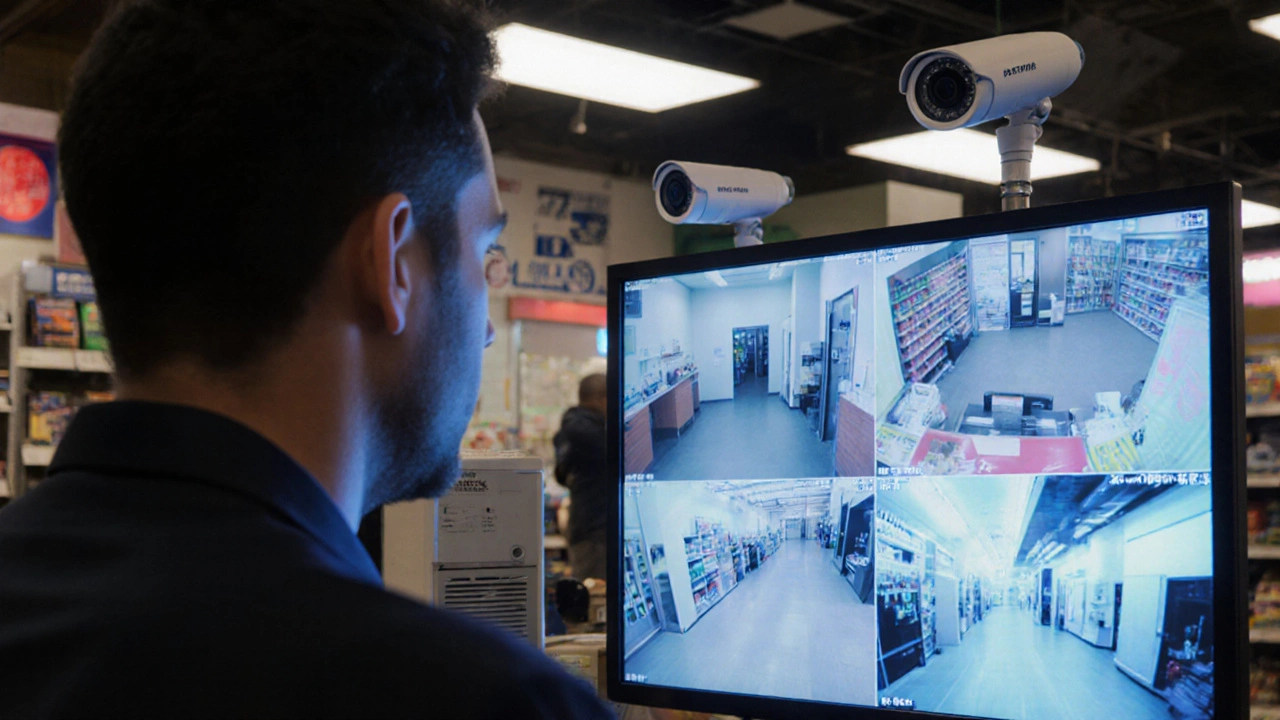 Business owner watching live CCTV footage on a monitor in a retail store at night, cameras visible in background.