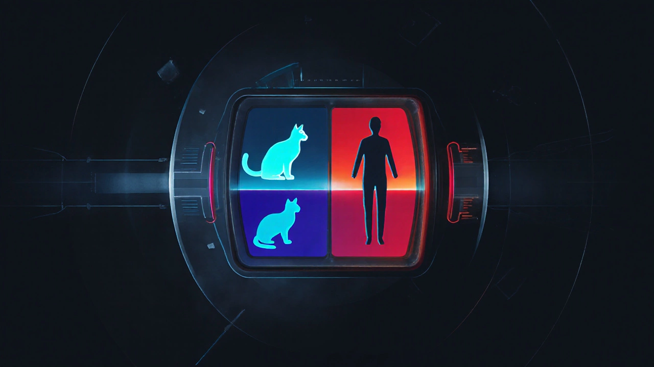 Cross-section of a motion sensor showing layered heat detection zones for pets and humans.
