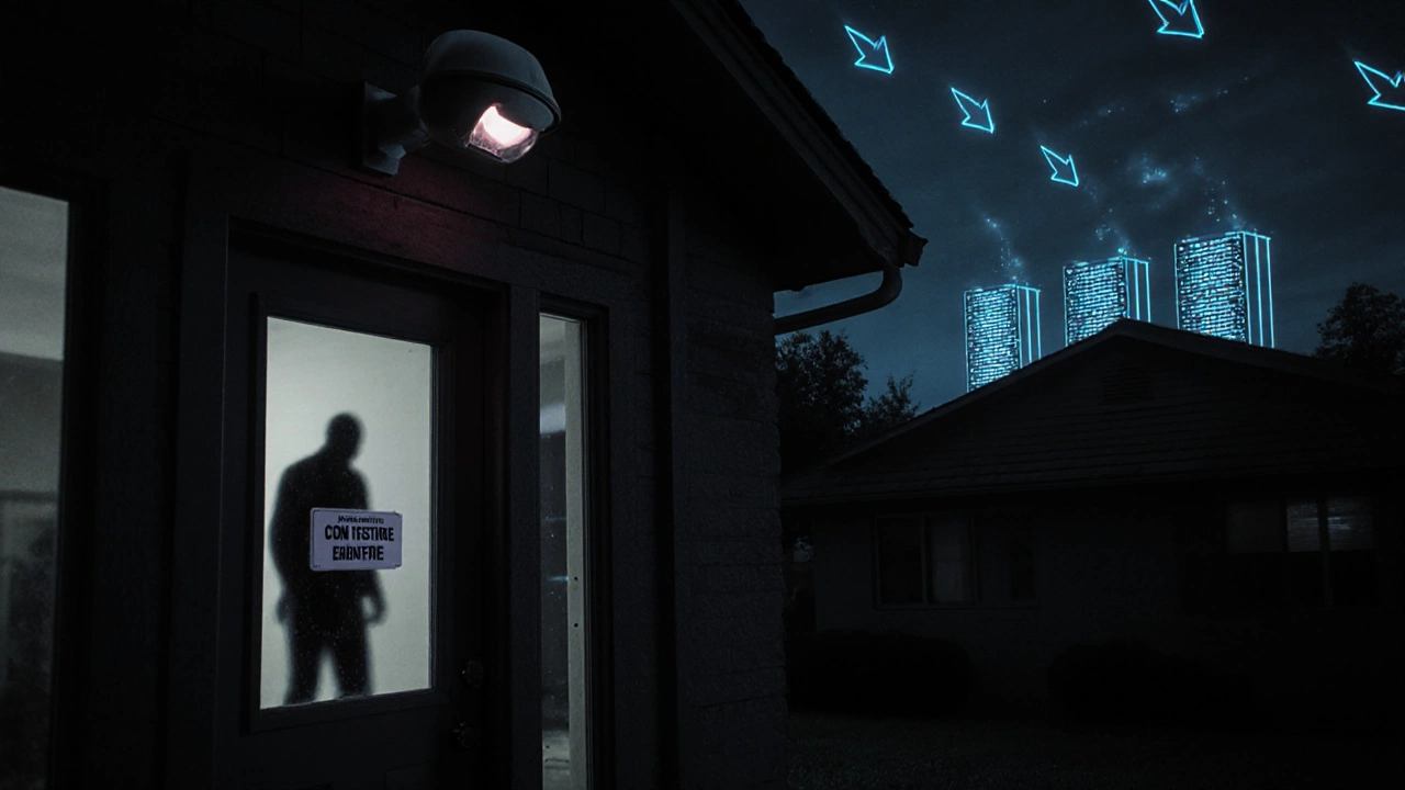 House with alarm sign at night, intruder hesitating outside as smart camera watches.