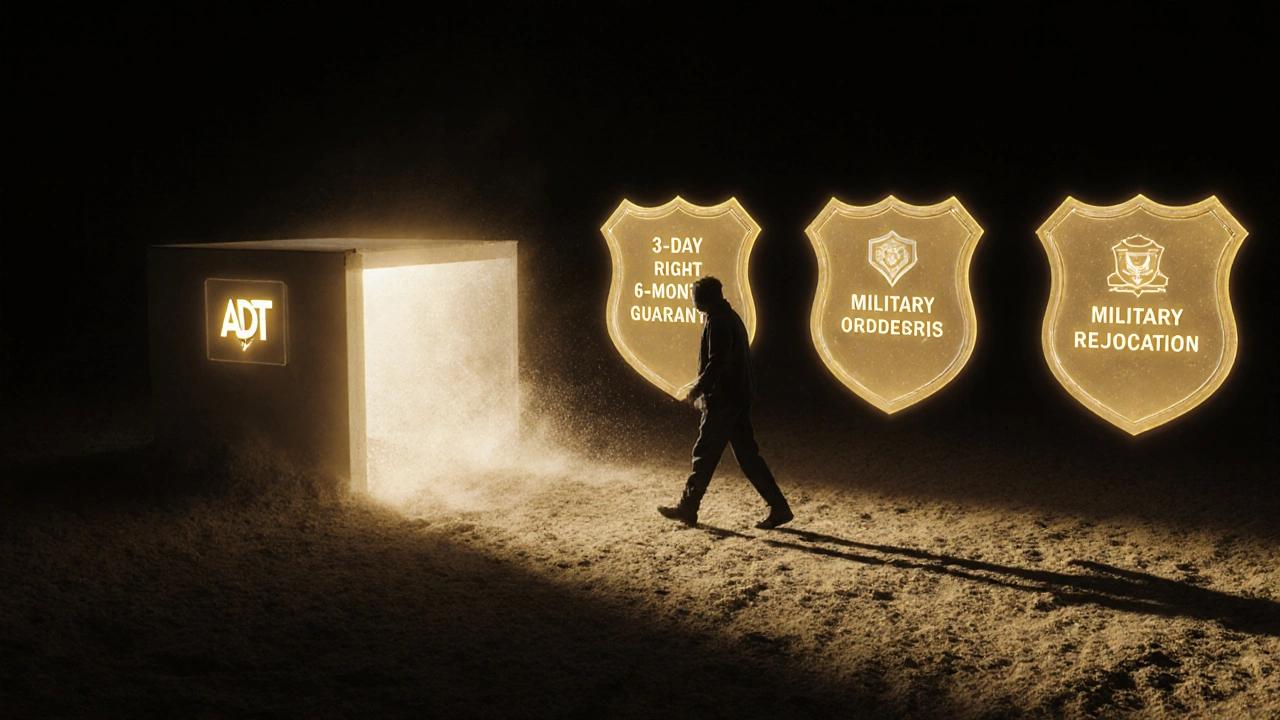 Person walking away from fading ADT system as four legal escape routes glow behind them.