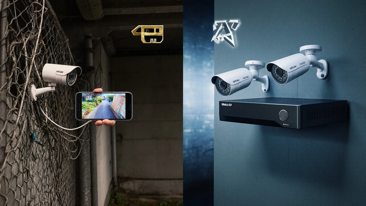 Side-by-side comparison of poorly installed DIY CCTV versus professionally installed system with clear camera angles.