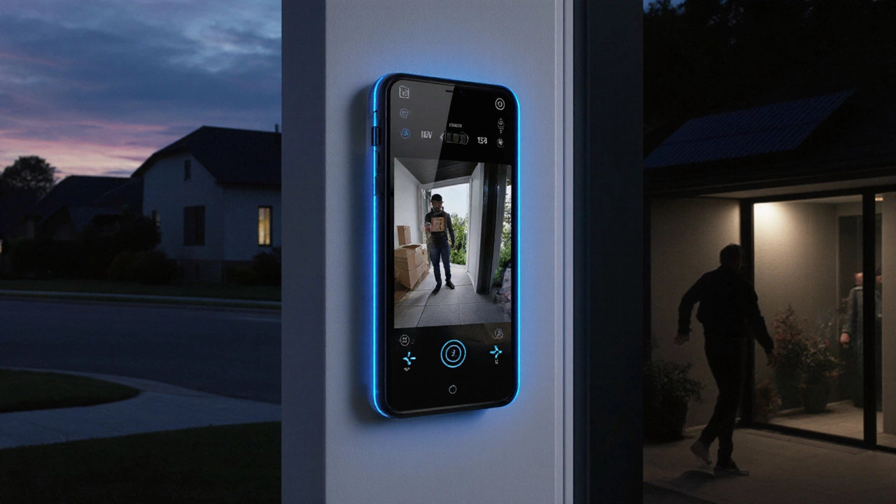 Smart doorbell showing live video feed on phone and night vision view at dusk.