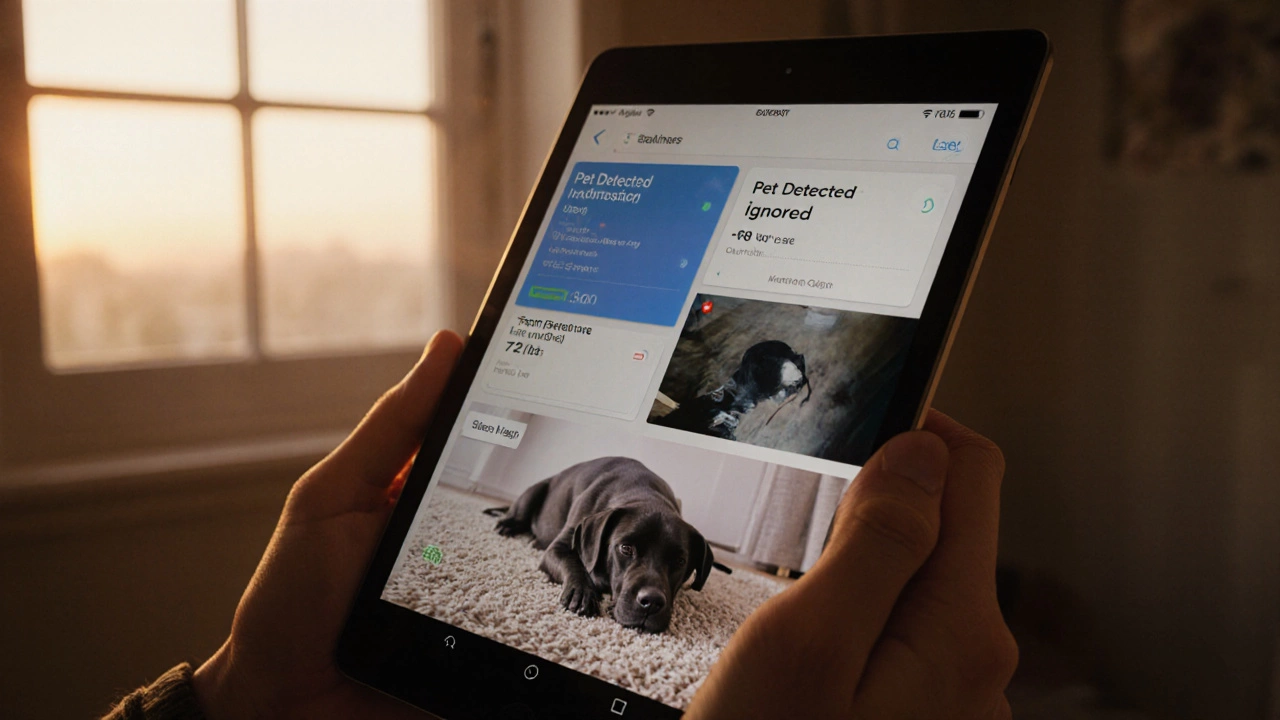 Smart home dashboard displaying pet-safe alerts and temperature monitoring.