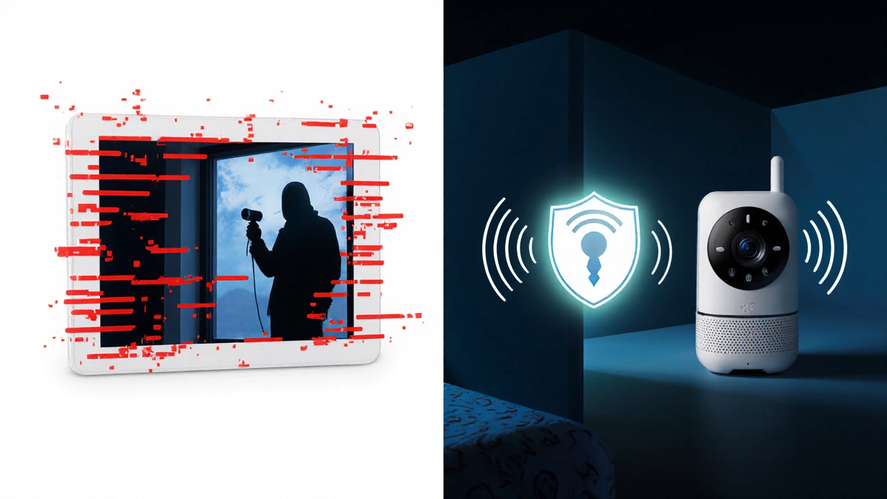 Split-screen comparison: a hacked Wi-Fi monitor on one side, a secure radio-frequency monitor on the other.
