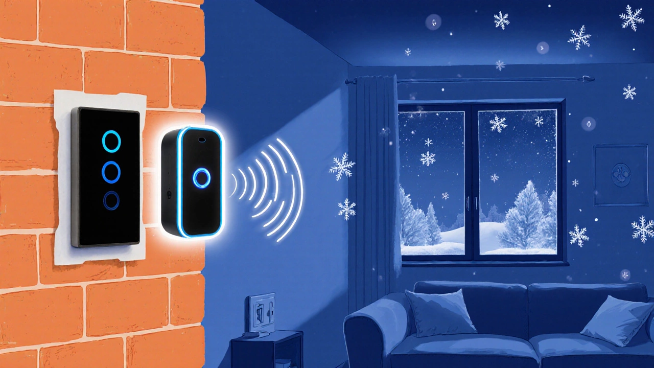 Wireless doorbell button on brick wall with LED chime unit indoors, snow falling outside.