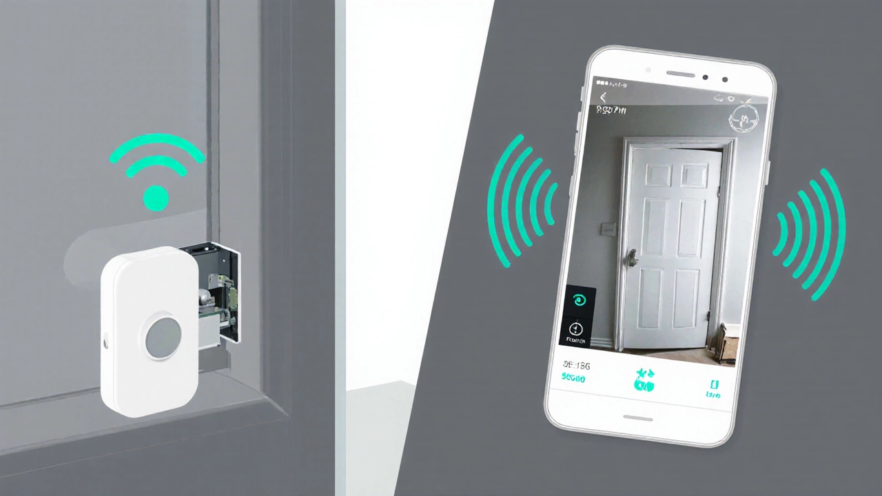 Wireless sensor mechanism and smartphone alert showing dual-path communication for home security.