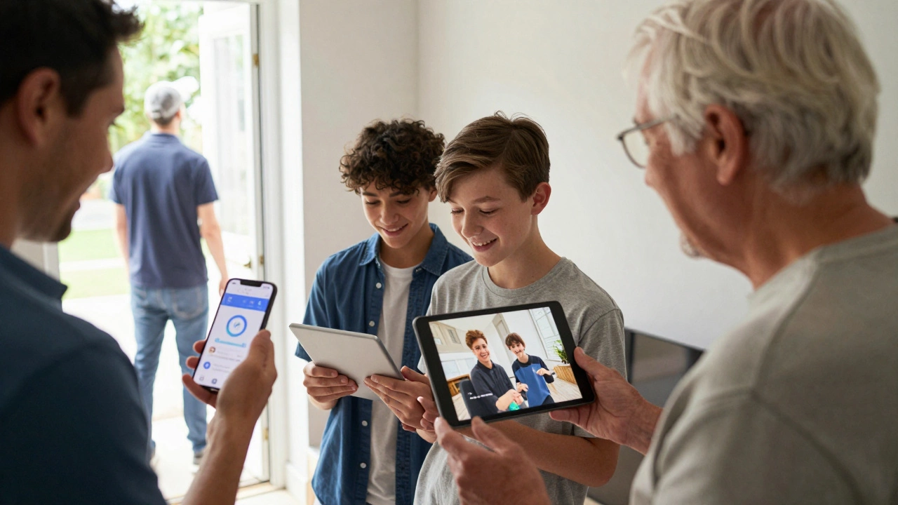 A family members watching a Ring Doorbell feed on phones and smart speaker, smiling as someone arrives at the door.